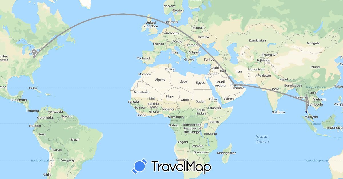 TravelMap itinerary: driving, plane in Qatar, Thailand, United States (Asia, North America)